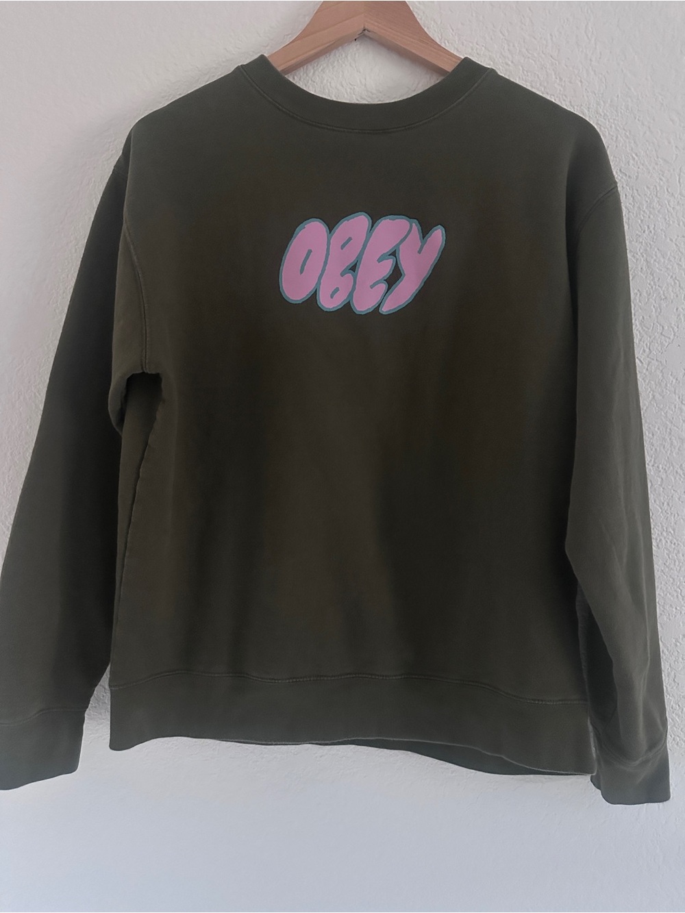 Obey Olive Green Crewneck Sweatshirt with Pink Logo - Size M